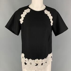 KATE SPADE Size 4 Black White Polyester Flower Applique Short Sleeve Dress Top